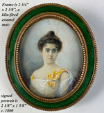 Antique French Portrait Miniature in Kiln-fired Enamel Mat Dore Bronze Frame, Easel, c.1900