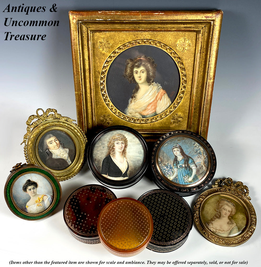 Antique French Portrait Miniature in Kiln-fired Enamel Mat Dore Bronze Frame, Easel, c.1900