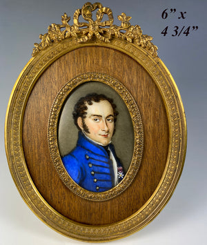 Antique French Soldier Portrait Miniature, c.1830s 6" Bowtop Frame, Porcelain Plaque
