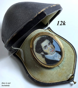 Antique French Portrait Miniature, c.1830s Handsome Man in 12k Gold Brooch Mount, Mutton Chop Sideburns