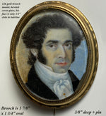 Antique French Portrait Miniature, c.1830s Handsome Man in 12k Gold Brooch Mount, Mutton Chop Sideburns