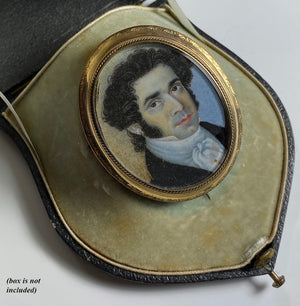 Antique French Portrait Miniature, c.1830s Handsome Man in 12k Gold Brooch Mount, Mutton Chop Sideburns