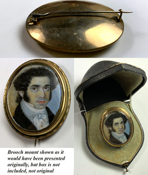 Antique French Portrait Miniature, c.1830s Handsome Man in 12k Gold Brooch Mount, Mutton Chop Sideburns