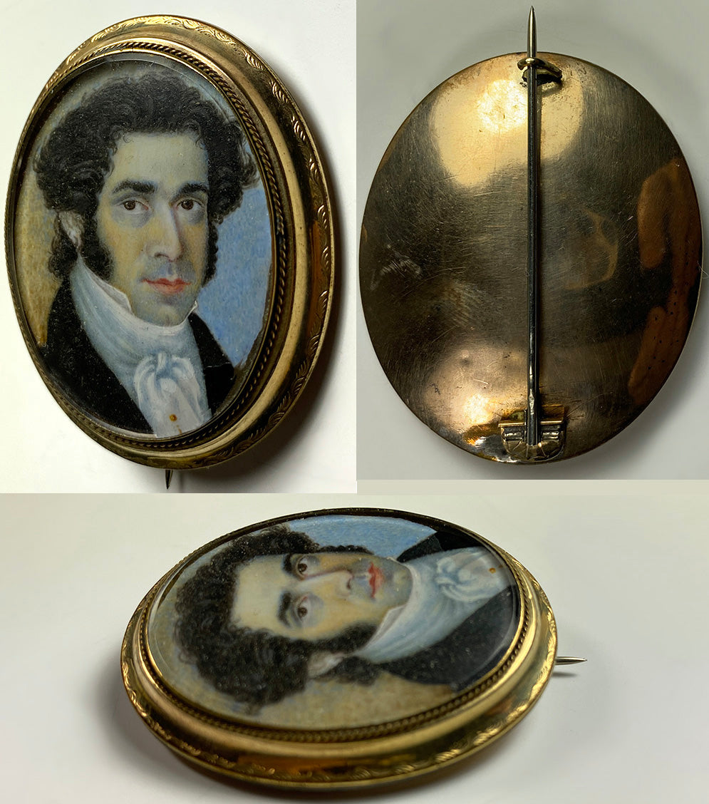 Antique French Portrait Miniature, c.1830s Handsome Man in 12k Gold Brooch Mount, Mutton Chop Sideburns