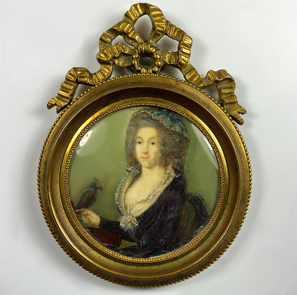 RARE c.1700s French Portrait Miniature in Wax Sealed Bow Top Frame, Woman with Parrot