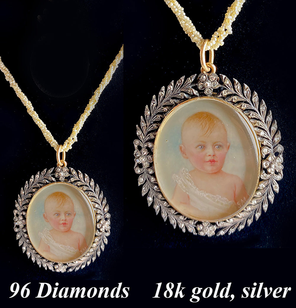 Antique Early to mid-1800s Portrait Miniature, a Baby, in French 18k Gold and Silver Pendant set w 96 Diamonds