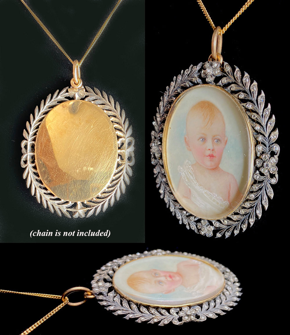 Antique Early to mid-1800s Portrait Miniature, a Baby, in French 18k Gold and Silver Pendant set w 96 Diamonds