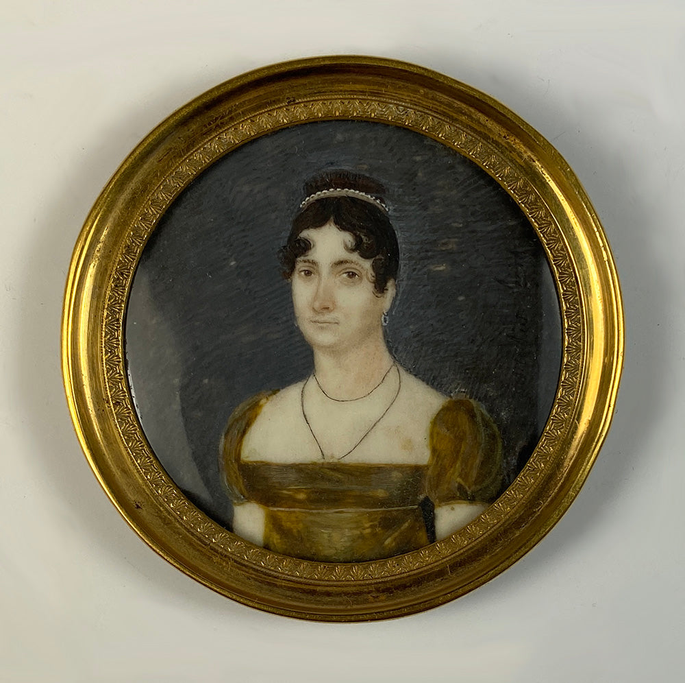 Antique French Empire Portrait Miniature, Woman in Seed Pearl Tiara, Empire Gown
