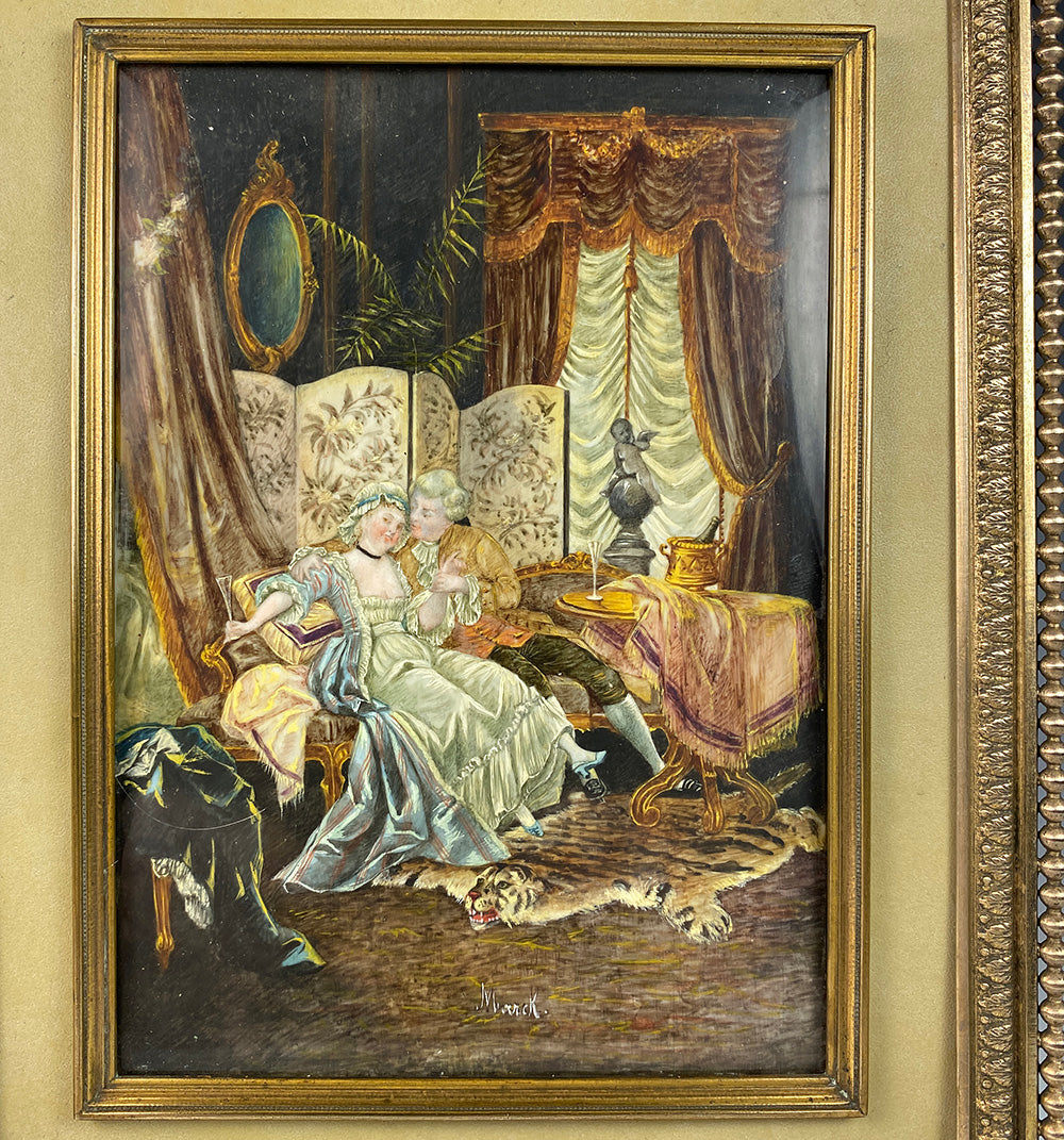 Antique French Miniature Painting, Interior Romantic Seduction w Tiger Skin Rug, Dore Bronze Torch and Bow Top Frame