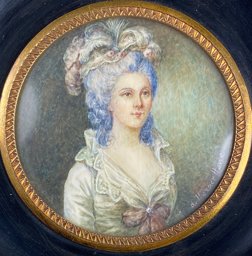 Lrg Antique French Portrait Miniature, Miss Elizabeth, Signed by Artis, Grand Tour Souvenir