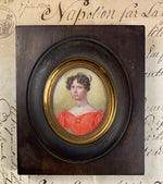 Antique French Portrait Miniature, Beautiful Young Woman in Red Gown, Seed Pearl Tiara