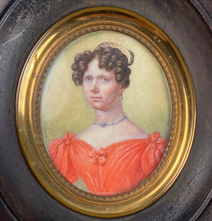 Antique French Portrait Miniature, Beautiful Young Woman in Red Gown, Seed Pearl Tiara