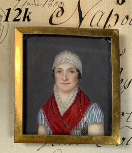 Antique French Portrait Miniature in 12k gold Frame, Woman with Red Shawl of Royalist Support, late 1700s