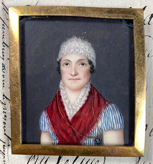 Antique French Portrait Miniature in 12k gold Frame, Woman with Red Shawl of Royalist Support, late 1700s