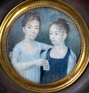 Rare c.1770-1810 Portrait Miniature, 2 Girls with Sheet Music, Napoleon 1 Era, Mother Daughter?