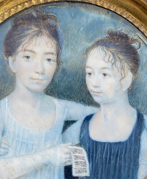 Rare c.1770-1810 Portrait Miniature, 2 Girls with Sheet Music, Napoleon 1 Era, Mother Daughter?