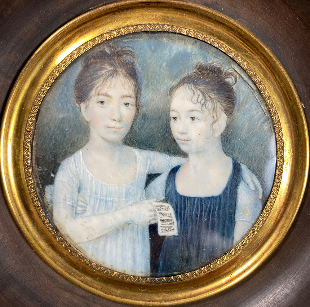 Rare c.1770-1810 Portrait Miniature, 2 Girls with Sheet Music, Napoleon 1 Era, Mother Daughter?