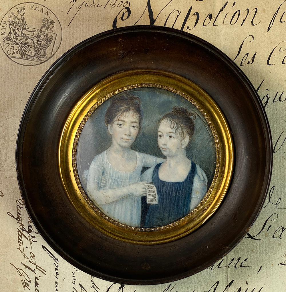 Rare c.1770-1810 Portrait Miniature, 2 Girls with Sheet Music, Napoleon 1 Era, Mother Daughter?