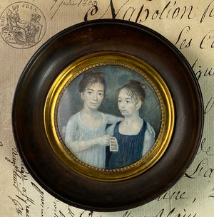 Rare c.1770-1810 Portrait Miniature, 2 Girls with Sheet Music, Napoleon 1 Era, Mother Daughter?