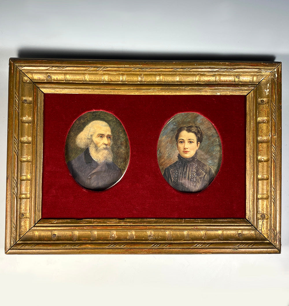 Antique Portrait Miniature Pair, Man and Woman, Painted by Their Daughter, Jeanne Pline, c.1918