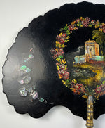 Antique English Papier Mache Face Screen, c.1840s, Victorian, Mother of Pearl, Oil Painting
