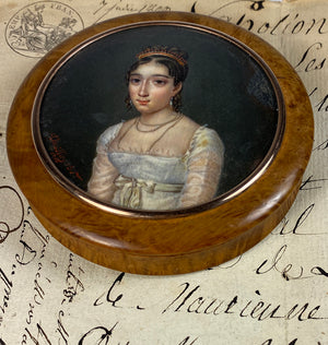 Stunning Antique French Portrait Miniature Snuff Box, Red Coral Tiara, Young Beauty, French Empire c.1815