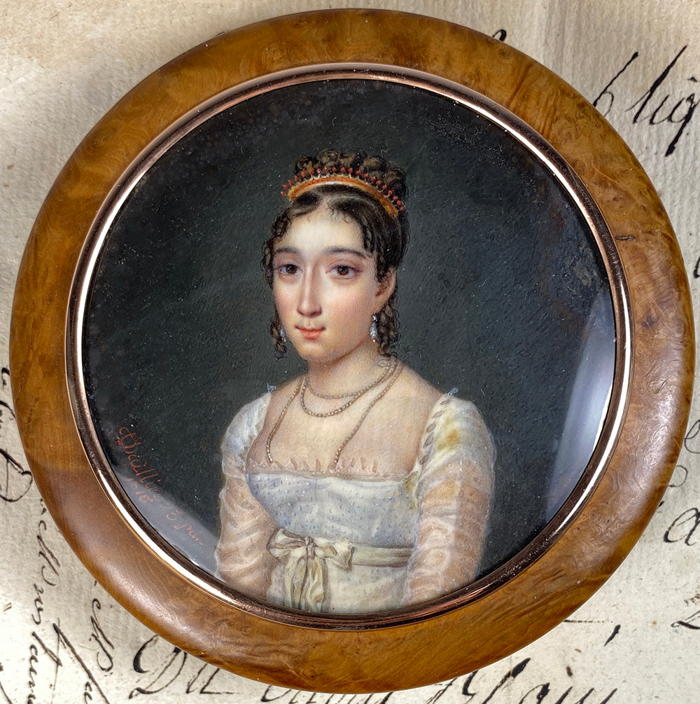 Stunning Antique French Portrait Miniature Snuff Box, Red Coral Tiara, Young Beauty, French Empire c.1815