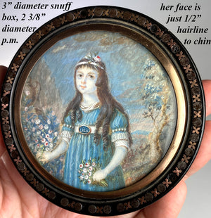 Antique c.1795 Signed Portrait Miniature Snuff Box, Pretty French 7 yr Old Girl, 18k Pique