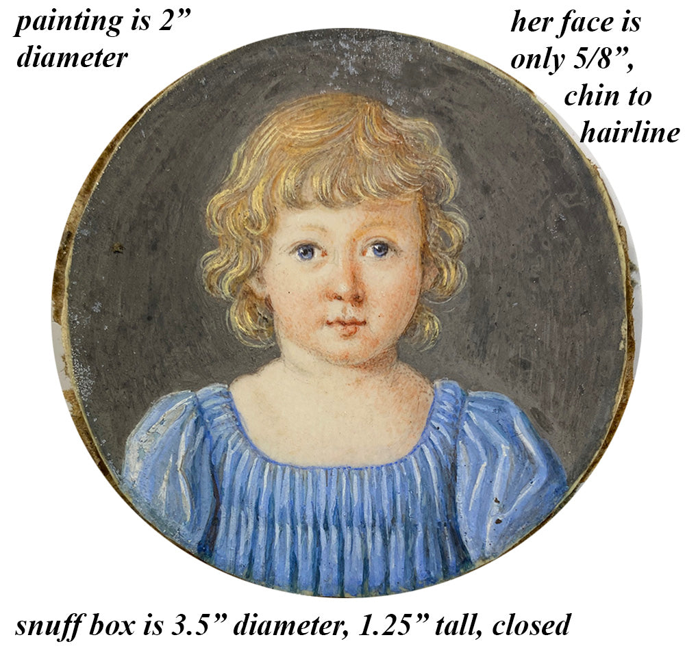 Antique HP French Portrait Miniature, Blond Child, Table Snuff Box, c.1820-40