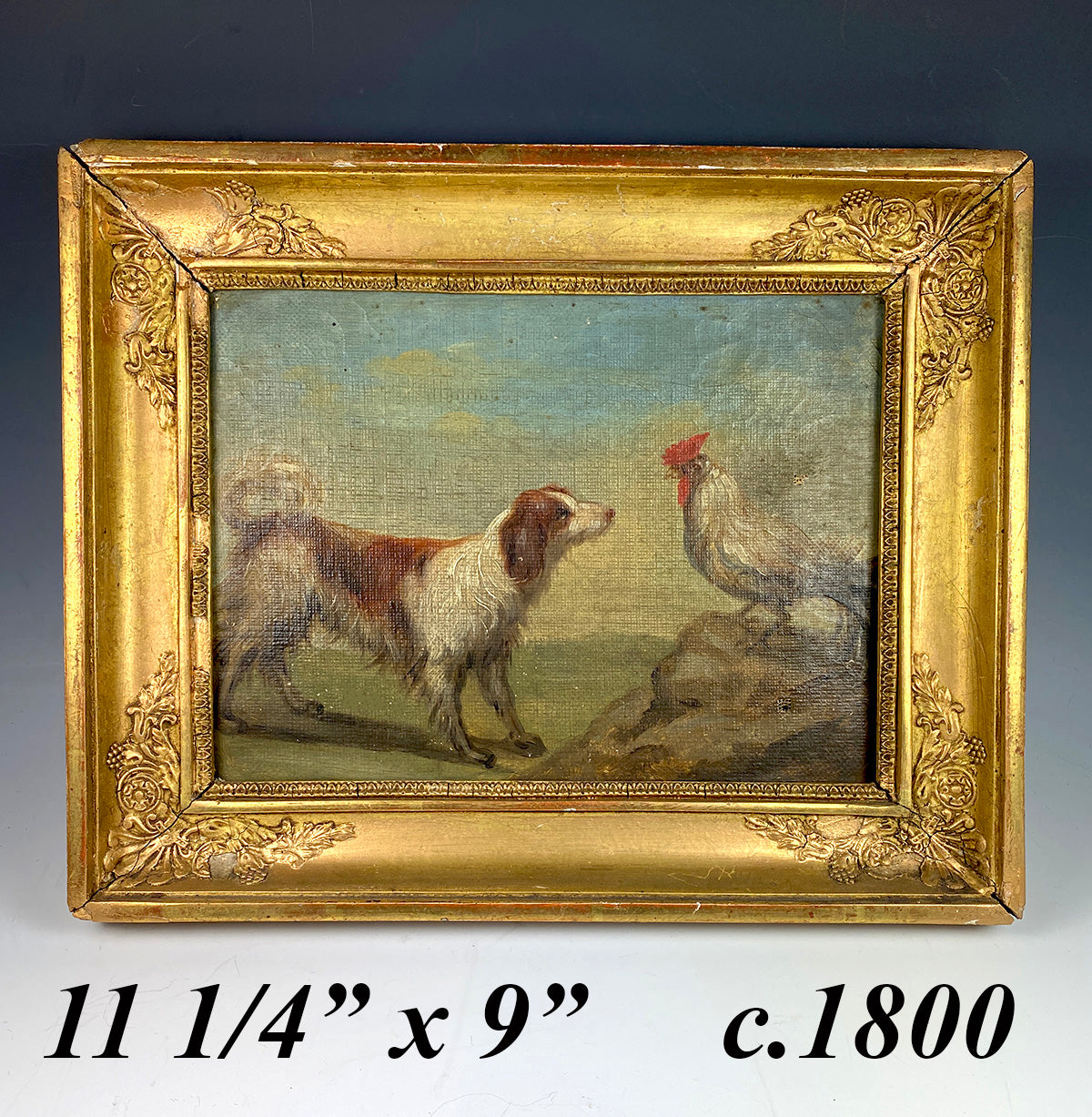 Antique French Empire Oil Painting of a Dog and Rooster, Applique Frame c.1800-1820