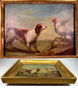 Antique French Empire Oil Painting of a Dog and Rooster, Applique Frame c.1800-1820