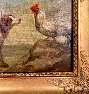 Antique French Empire Oil Painting of a Dog and Rooster, Applique Frame c.1800-1820