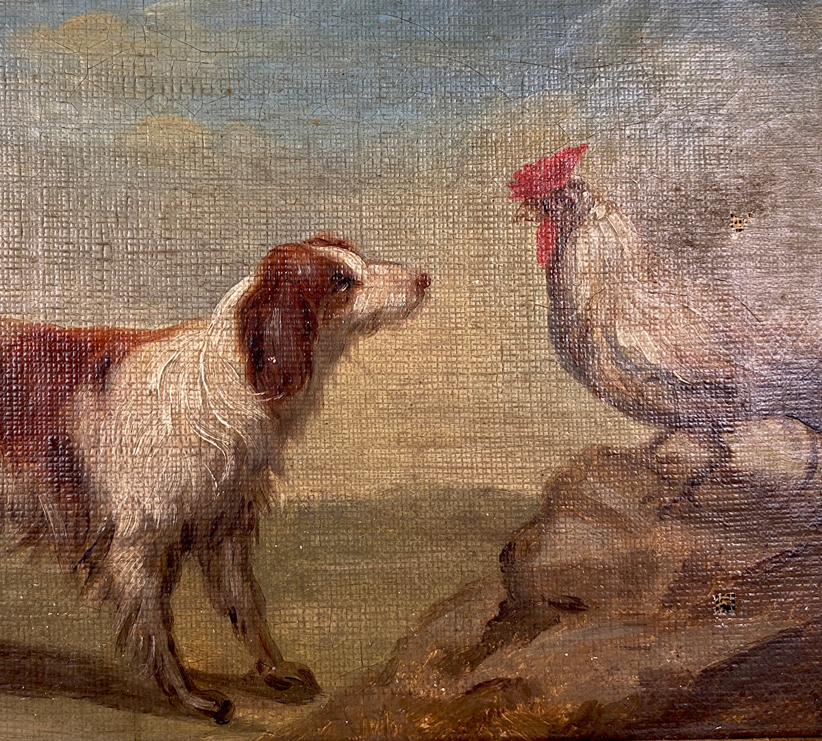 Antique French Empire Oil Painting of a Dog and Rooster, Applique Frame c.1800-1820