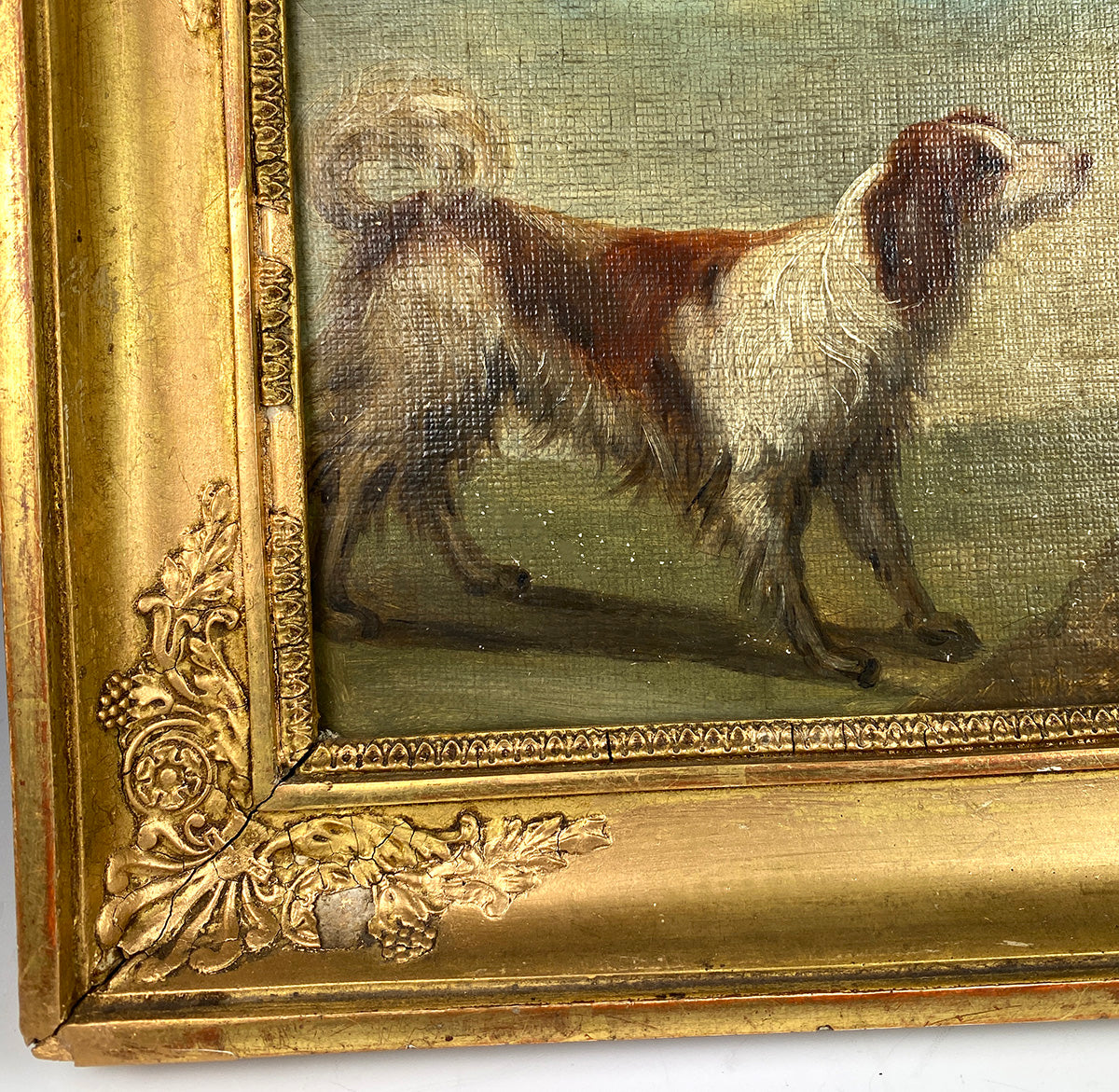 Antique French Empire Oil Painting of a Dog and Rooster, Applique Frame c.1800-1820