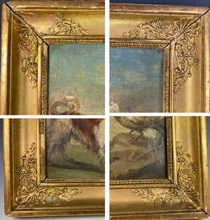 Antique French Empire Oil Painting of a Dog and Rooster, Applique Frame c.1800-1820