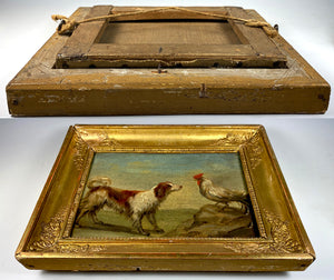 Antique French Empire Oil Painting of a Dog and Rooster, Applique Frame c.1800-1820