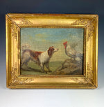 Antique French Empire Oil Painting of a Dog and Rooster, Applique Frame c.1800-1820