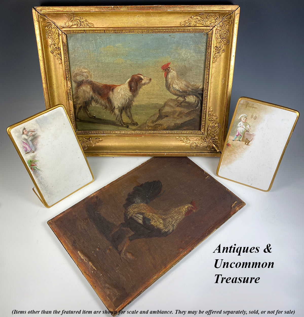 Antique French Empire Oil Painting of a Dog and Rooster, Applique Frame c.1800-1820