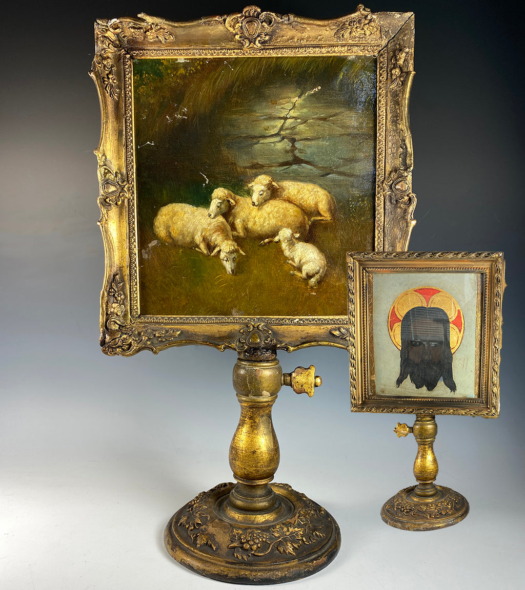 Rare Antique French Alter Painting, Lambs, Backside is Dark Jesus, Alter Stand c.1840s