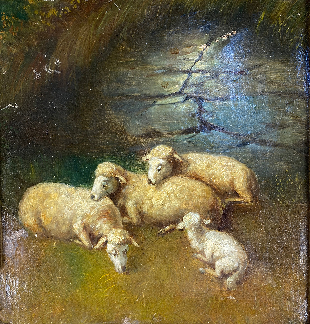 Rare Antique French Alter Painting, Lambs, Backside is Dark Jesus, Alter Stand c.1840s