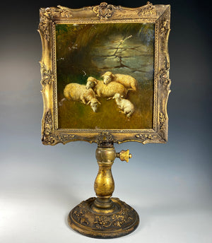 Rare Antique French Alter Painting, Lambs, Backside is Dark Jesus, Alter Stand c.1840s