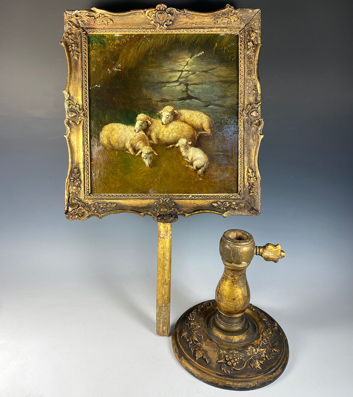 Rare Antique French Alter Painting, Lambs, Backside is Dark Jesus, Alter Stand c.1840s