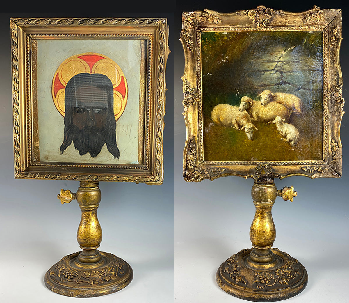 Rare Antique French Alter Painting, Lambs, Backside is Dark Jesus, Alter Stand c.1840s