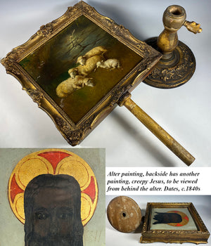 Rare Antique French Alter Painting, Lambs, Backside is Dark Jesus, Alter Stand c.1840s