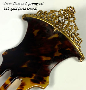 Antique Tortoise Shell Hair Ornament, Tiara Comb, 14k Gold, 4mm Prong Set Diamond