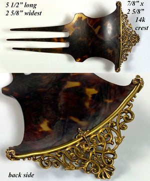 Antique Tortoise Shell Hair Ornament, Tiara Comb, 14k Gold, 4mm Prong Set Diamond