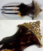 Antique Tortoise Shell Hair Ornament, Tiara Comb, 14k Gold, 4mm Prong Set Diamond