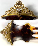 Antique Tortoise Shell Hair Ornament, Tiara Comb, 14k Gold, 4mm Prong Set Diamond