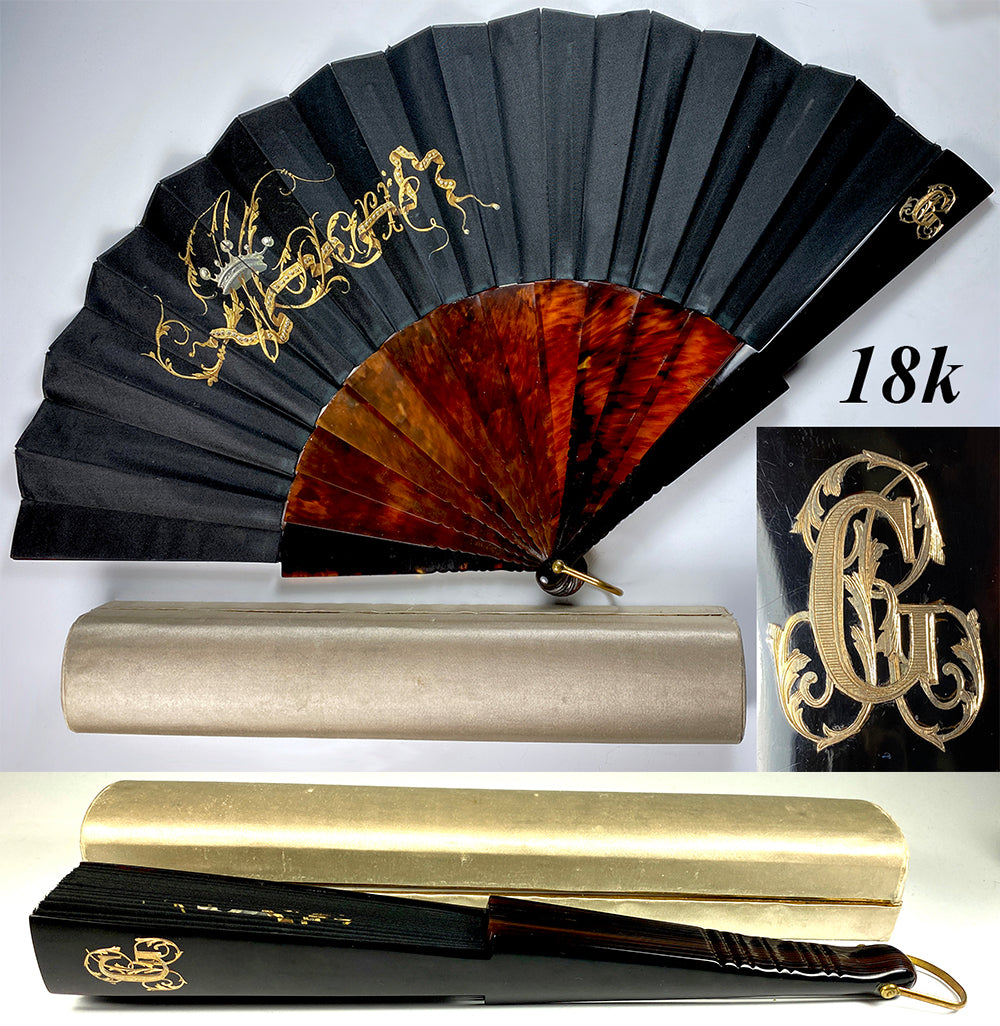 Stunning Antique French Hand Fan, Crown HP and 18k Gold Monogram (2), Tortoise Shell, Houbigant