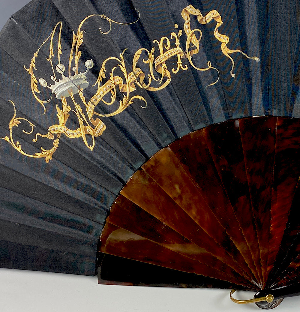 Stunning Antique French Hand Fan, Crown HP and 18k Gold Monogram (2), Tortoise Shell, Houbigant